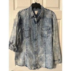 Women's Chico's Denim Jaci Distressed Wash Pearl Beading Long Sleeve Roll Tab XL